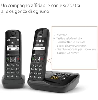 Gigaset AS690A Duo Telefono Cordless, 2 Portatili + Segreteria, Vivavoce Alta Qualità, Tastiera Illuminata ed Ampio Display, Lista Chiamate Fatte, Ricevute e Perse [Versione Italiana]