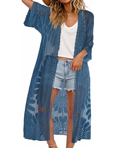CHICGAL Womens Swimsuit Coverup Lace Bathing Suit Cover Up Beach Kimonos Long Cardigan Open Front Swimwear (Indigo Blue,One Size)