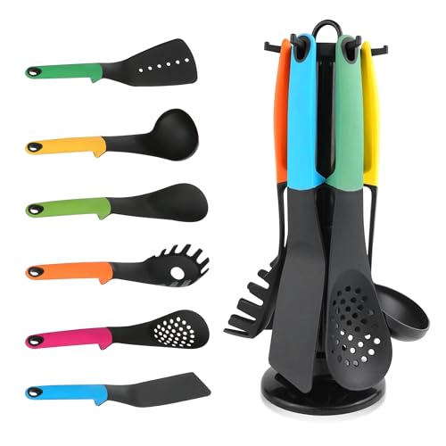 Cucina da cucina con utensili Ohanian Multi colore Set di 6 strumenti di alta qualità su supporto rotante Include cucchiaio mestolo Skimmer Cucchiaio scanalato Turner Forchetta per spaghetti
