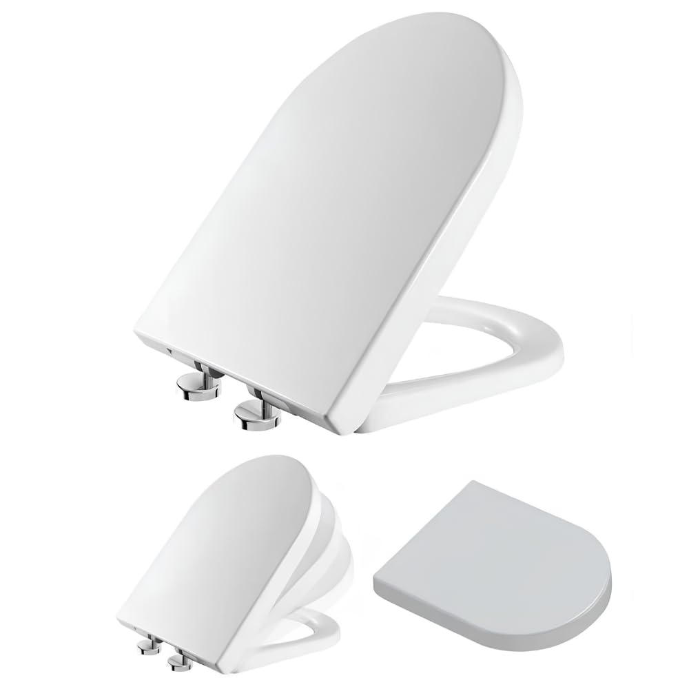Soft Close Toilet Seat for D Shaped Toilets, White, Anti-Bacterial Bathroom Bowl Loo Cover Durable Adjustable Hinges Quick Release Soft Close with Fixings (D-Shaped (46cmx36cm), PP (Polypropylene))