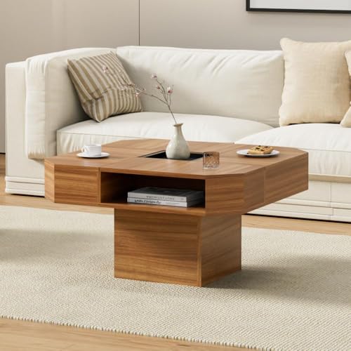 Anbuy ローテーブル センターテーブル 正方形 棚付き 木制 幅80×奥行80cm×高さ44.5cm コーヒーテーブル ちゃぶ台 座卓 コンパクト収納 隠し収納スペース付き リビング用 ウォールナット