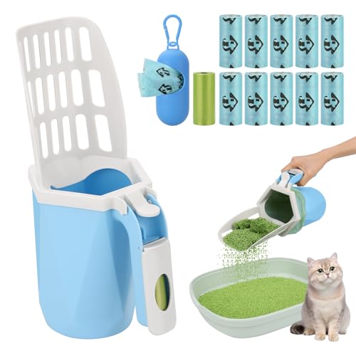 MYPIN Upgraded Cat Litter Scooper with Holder, Upgraded Cat Litter Shovel with Bags and Waste Can, Cat Scooper with Extra 150 Count Litter Waste Bags, Portable Litter Shovel