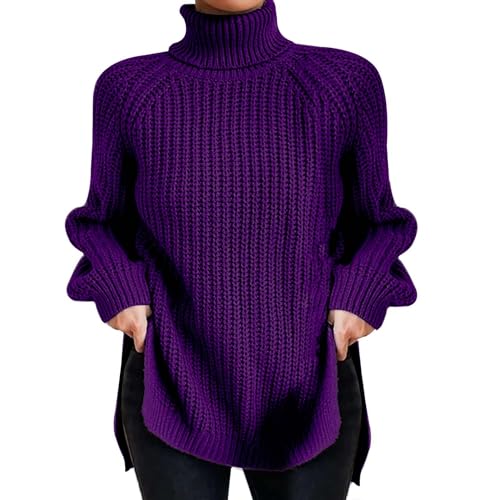 Pullover Damen, Strickpullover Damen Grobmaschig Oversized Strickpullover Langarm Basic Baumwoll Rolli Sweater Damen Winter Pullover Für Damen Warm Kaschmir Damen Norweger Rollkragenpullover