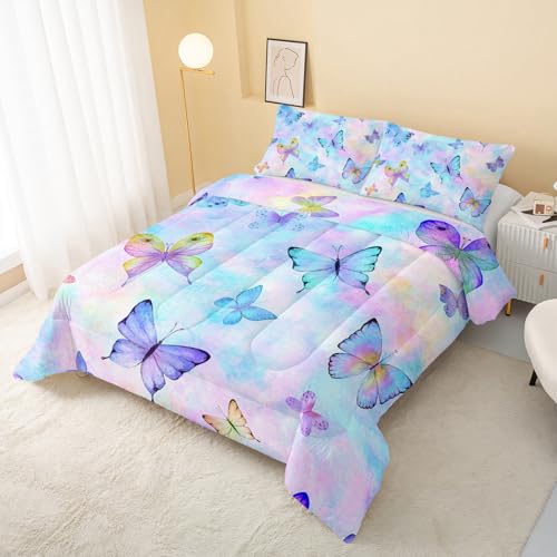 Image of QOOMO Cute Butterfly Kids Comforter Set,Cartoon Insects Print Bedding Set Queen Size for Boys Girls Room Decoration,Colorful Bed Set Microfiber Lightweight,1 Comforter Set 2 Pillowcases