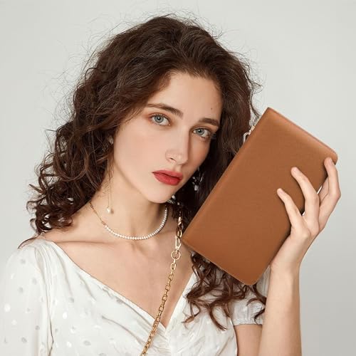 Image of Chelmon Women's Vegan Leather Clutch Wallet with Zip, Hand Strap, Large Capacity, Ch Brown, 8.26 inchx4.5 inchx1 inch, Classic
