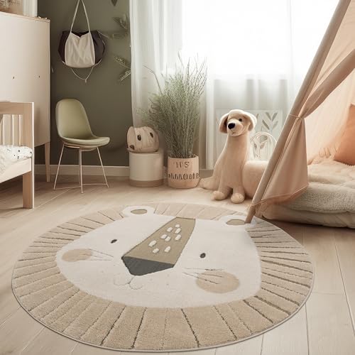 Paco Home Tapis pour Chambre d'enfant Effet 3D Tapis de Jeu Robuste Tons naturels Motif Lion Crème, Dimension:120 cm Rond