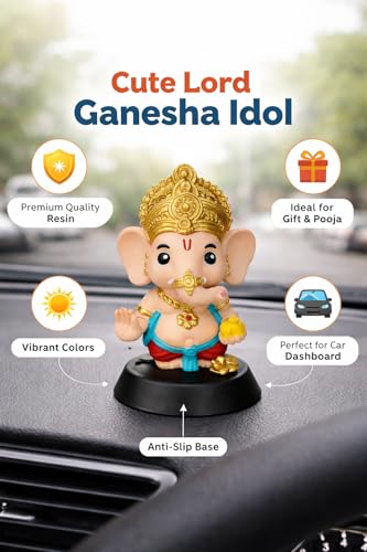 Image of Ganesh Idol for Car Dashboard, Cute Lord Ganesha Murti for Home Decor, Office Table, Dashboard Decoration, Spiritual Gift, Resin Figurine | Car Dashboard & Home Decor, Premium Ganpati Murti, Gold Finish, Small Lord Ganesha Statue