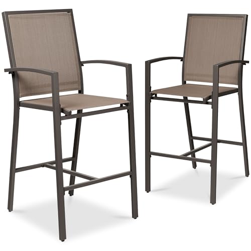 Best Choice Products Outdoor Bar Stools Set of 2 Bar Height Patio Furniture All Weather Mesh Design w/Armrest - Brown/Brown