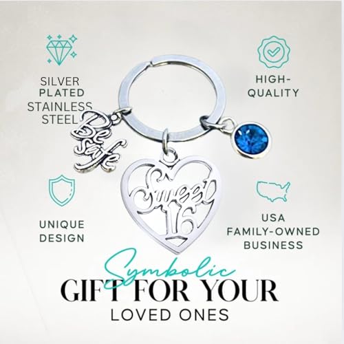 Sweet 16 Keychain with Be Safe Charm and Birthstone – Heart Shaped Stainless Steel Gift for Teen Girls, Daughter, Niece, Granddaughter, or Best Friend4