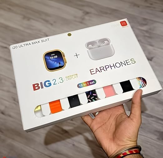 Product box for the DS i20 Ultra 2 Max Suit 10-in-1 Set, held by a hand, showcasing the smartwatch and earphones.