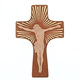 SHALOM - Crucifijo de madera, cuerpo grabado. Altura 30 cm