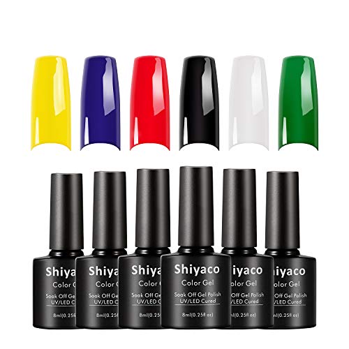 Shiyaco Gel Nail Polish Set - 6 Colors Black Blue Yellow Gel Polish Kit White Green Nail Polish Soak Off UV LED Nail Art Manicure