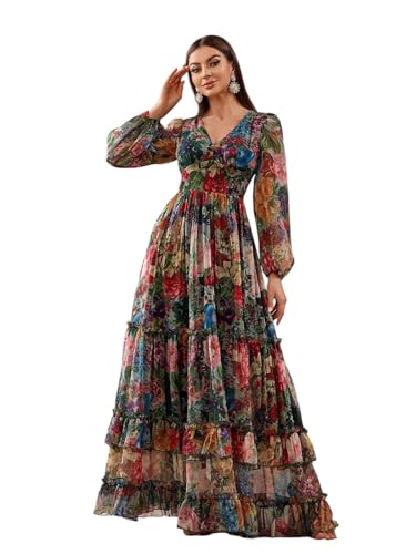 Image of LITZO Women's One Piece Dress - Georgette Floral Printed Western Gown | Long Sleeve V Neck Fit & Flare Flared Hem Design | A-Line Maxi Dress for Women | New Year Party Outfit (NO-29-31)