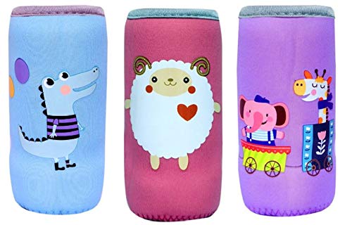 The Cheeky Kidzz Soft Plush Stretchable Baby Feeding Bottle Cover/Tote Bag/Sleeve with Easy to Hold Strap | Cute Animated Overall Print (Sheep-CRO-Zebra, Pack of 3)