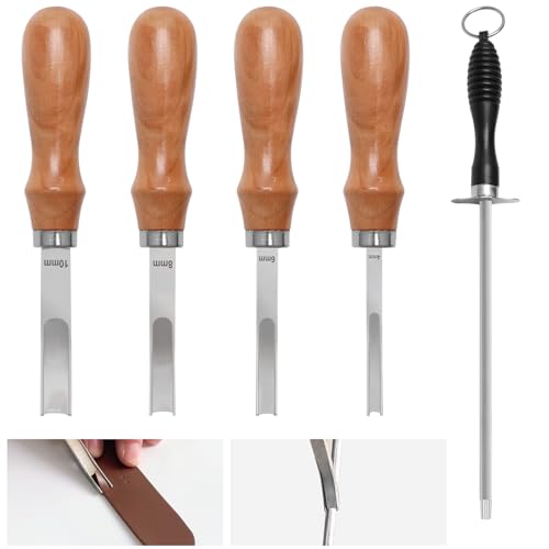Leather Edge Bevelers, Suboyica 5 Pcs Leather Working Tools for DIY Leather Craft with Sharpening Rod Set, Wooden Handle Leather Tools(4mm, 6mm, 8mm, and 10mm)