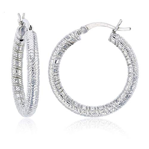 Sterling Silver Diamond Cut Polished Tube Hoop Earrings for Women | 2x25mm Round Hoop Earrings | Secure Snap Bar Closure | Shiny Classic Earrings