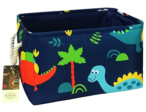 HUNRUNG Rechteckiger Aufbewahrungskorb, niedlicher Leinen-Organizer, für Haustiere, Kinderspielzeug, Bücher, Kleidung, perfekt für Zimmer (REC-dick-blauer Wald-Dinosaurier-XL) Cover