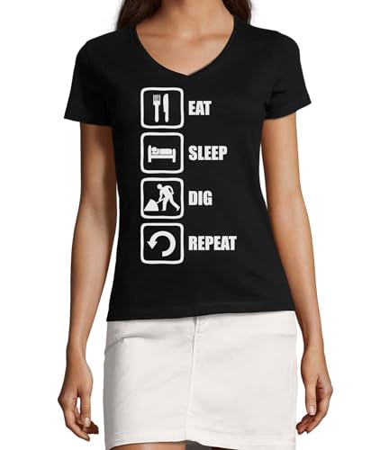 T-Shirt Col V Femme en Coton Premium Noir Eat Sleep Dig Repeat