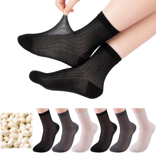 Ramede 6 Pairs Mens Liner Socks Silk Thin Dress Socks Ultra Lightweight Hiking Business Calf Cool Sweat Absorption(Black White Dark Gray)