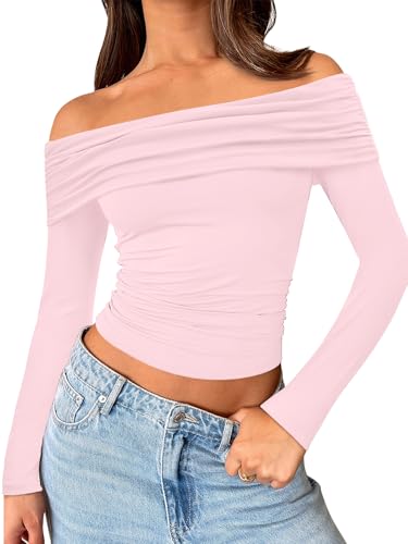 Trendy Queen Women Long Sleeve Shirts Off Shoulder Tops Going Out Crop Sexy Slim Fitted Y2K Fall Outfits 2025 Fashion Clothes Pink M