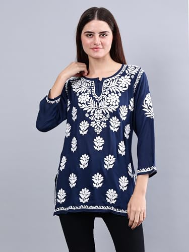 Image of Seva Chikan Hand Embroidered Lucknowi Chikankari Modal Short Top for Women SCL9147