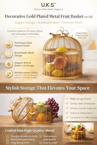 Image of U.K.S Modern Metal Fruit Basket with Mesh Lid Storage for Fruits & Vegetables | Round, Durable, and Stylish Design (GOLD)