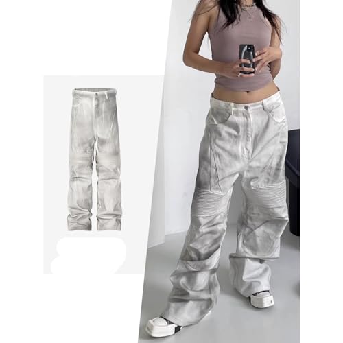 High Street Straight Leg Denim Pants, Unisex Dirty Dyed Patchwork Racing Wide Leg Pants2