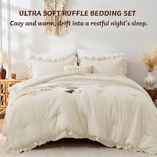 Image of FUANNA Full Size Comforter Sets Cream White, 3 Pieces Ruffle Full Size Bedding Sets, Fluffy Bed in a Bag Full for All Seasons, Shabby Chic Full Bed Set with 1 Lightweight Comforter & 2 Pillowshams