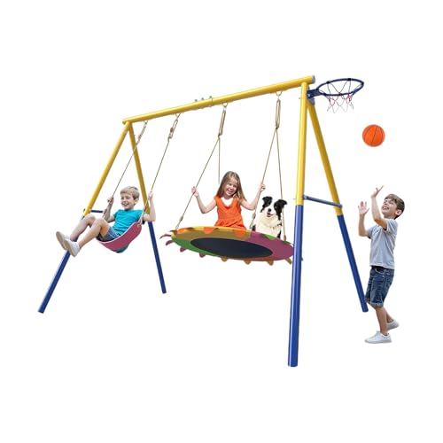 Image of 440lbs Metal Swing Sets for Backyard, 2 Seat Outdoor Kids Playset with Saucer, 40 Inch Saucer Swing, A-Frame Metal, Belt Swing and Basketall Hoop, Playset for Children Outdoor Fitness