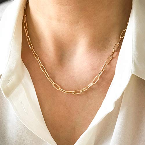 BOUTIQUELOVIN 14K Gold Plated Dainty Rectangle Paperclip Link Chain Necklace Bracelet Set for Women Jewelry Long Lasting Color2
