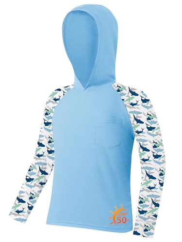 ZITY Boys Rash Guard Long Sleeve Hoodie Swim Shirt with Pocket Youth Kids UPF 50+ Sun Protection Fishing Shirts Light Blue
