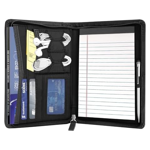 Lcjtop Junior Business Padfolio - A5 PU Leather Portfolio Binder & Zippered Binder Folder with 5 x 8 Writing Pad and Interior Storage Pocket Executive Business Organizer for Men Women, Black. Cover