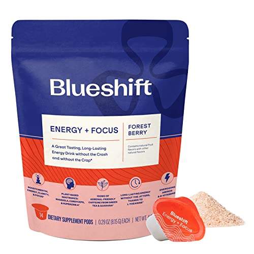 Blueshift Energy + Focus, Clean Energy Drink Powder With Natural Caffeine & Vitamin B12, Aminos, L-Theanine, Natural, Sugar Free Energy & Focus, Forest Berry, 14 Pack