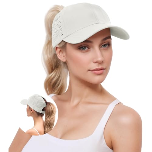 YAMEE Damen Baseballkappe Sommer, Mesh Atmungsaktive, Schnelltrocknende, Pferdeschwanz-Loch, Wasserdicht, Beige