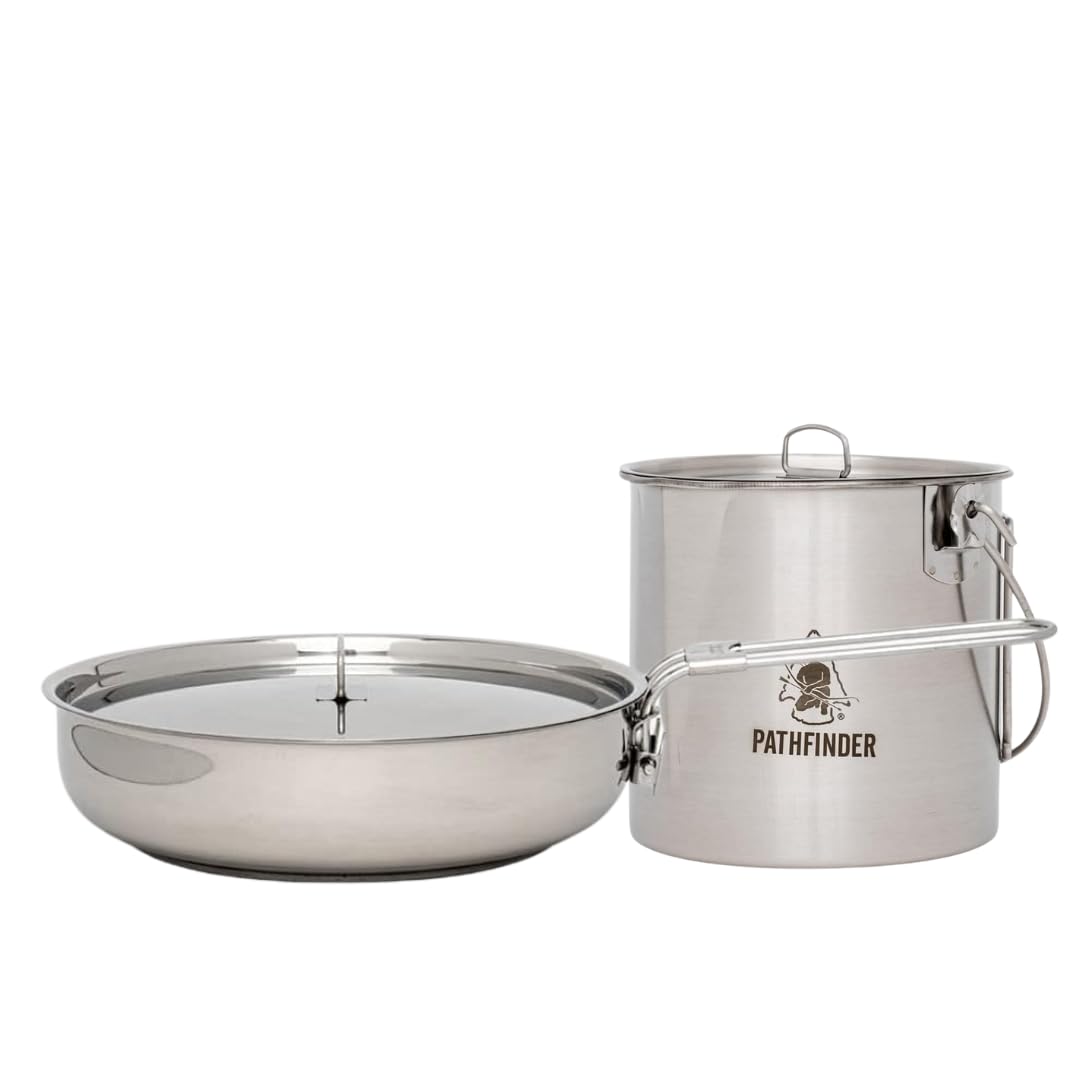 Stainless Steel Folding Skillet & Lid + Bush Pot & Lid Set – Durable Outdoor Cookware for Camping, Bushcraft, Survival, Hiking, & Backpacking Essentials