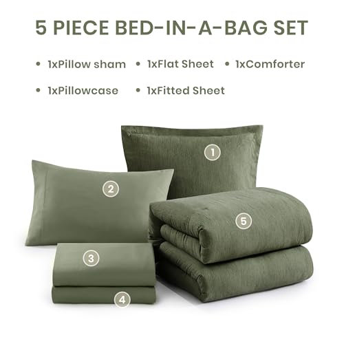 Image of Monbix Twin XL Comforter Set Olive Green, Cationic Dyeing Bedding Set Reversible 5 Pieces, All Season Bed in a Bag with Comforter, Sheets, Pillowcase & Sham