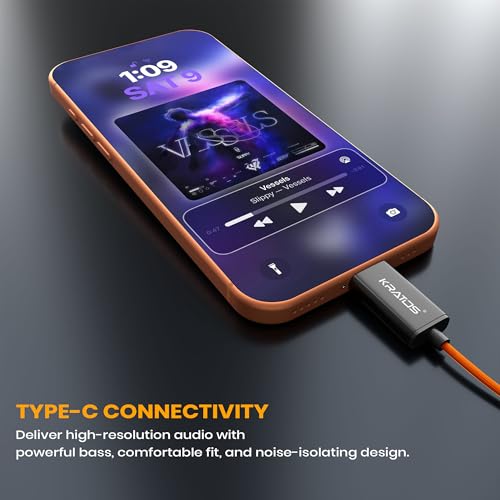 Image of Kratos Tune V6 C Type Earphones Wired, Deep Bass Drivers Earphone, Inline Control Type c Headphones with Mic, Comfort Fit Type c Earphone with Volume Control,Metallic C pin Earphones (Orange)