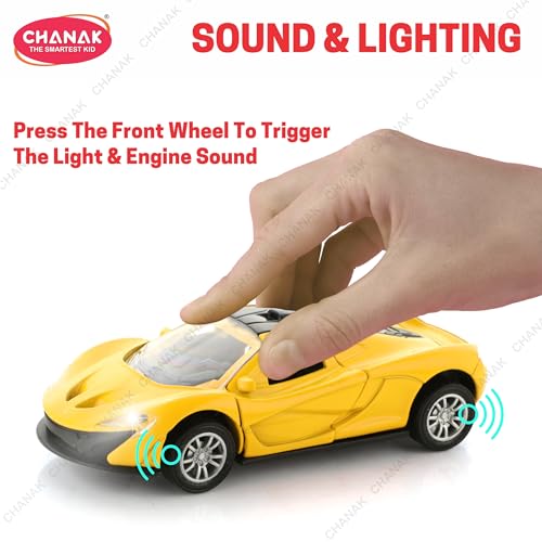 Image of Chanak Die Cast Car for Kids Alloy Metal Pull Back Car Toy Car Toy Vehicle with Openable Doors & LED Lights Cars for Kids Collectible Toy Vehicle Gift for Kids Boys Girls BIS Approved (Yellow)