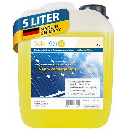 SolarKlar365 Photovoltaik- und Solaranlagen Reiniger | PV Anlage reinigen | Lotuseffekt langanhaltender Schutz, starke und materialschonende Reinigung 5 Liter