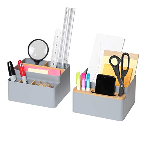 Seville Classics 2-Piece Office Desk Caddy with Bamboo Drop-in Dividers Pen & Pencil Phone Holder Storage Organizer, 2 pc/w Set