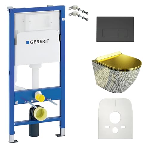 Duofix Basic Sofi Slim Golden Never Die Élément mural avec chasse d'eau profonde sans bord + panneau de commande Delta 25 | Bouton noir | Kit complet | Réservoir de chasse encastré | Kit complet | WC