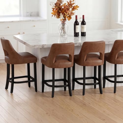 Image of UVV Bar Stools Set of 4, Modern Upholstered Counter Height Bar Stools, Faux Leather Counter Stools BarStools with Wood Legs for Kitchen Island Dining Room Bar, Brown