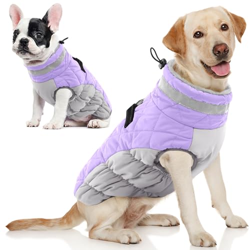 Image of AOFITEE Dog Coat, Warm Dog Winter Coat, Reflective Turtleneck Large Dogs Jacket with Harness Built in, Turtleneck Pet Winter Jacket, Waterproof Pet Snow Jackets Fleece Vest, Lilac XL