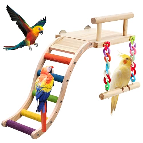 Image of Bird Ladder Bridge, Wooden Pet Parrot Hamster Climbing Ladder Toy, Chew Toy Set for Birdcage, Wooden Perch Ladder for Parrots, Hamsters (S-Shaped Ladder + Cloud Platform)