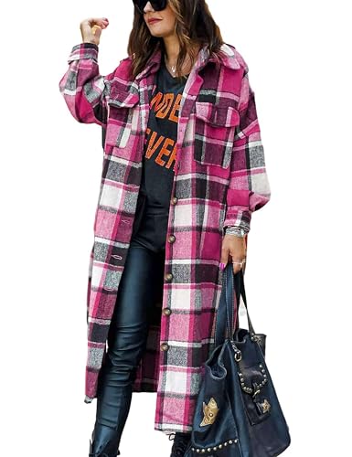 Omoone Women's Lounge Lapel Button Up Long Sleeve Plaid Long Shirt Jacket Shacket(O1766-RoseRed-M)