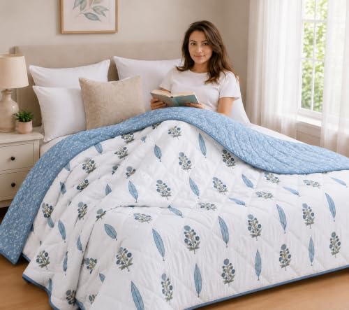 Image of RRC Single Bed Jaipuri Quilt | White & Green Floral Print Cotton Rajai | 200 GSM Lightweight AC Quilt | Soft Breathable Summer Comforter | Pack of 1