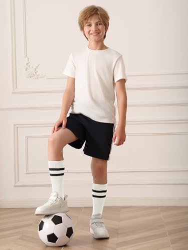 Haloumoning 3 Pairs Boys Soccer Athletic Socks Kids Striped Football Knee High Uniform Sports Tube Socks 4-15 Years4