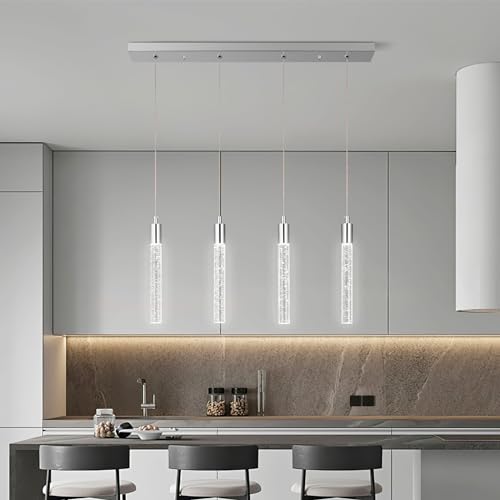 Image of Kitchen Island Lighting Modern Light Fixture Chrome Pendant Light Dimmable LED Chrome Finish Mini Crystal Pendant Lights for Dining Room Living Room（4-Light）