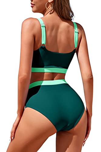 Image of Womens High Waisted Bikini Sets Sporty Crop Top Color Block Swimwear Bandeau Scoop Neck Vintage Two Piece Bathing Suits