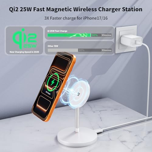 Magnetic Wireless Charger iPhone Stand,Qi2.2-Certified 25W Mag-Safe Charger Fast Charging Stand 35W USB C Adapter 6FT Cable Wireless Fast Charge Station for iPhone 17 Pro Max/17/16/15/14/13/12,AirPods - Image 3